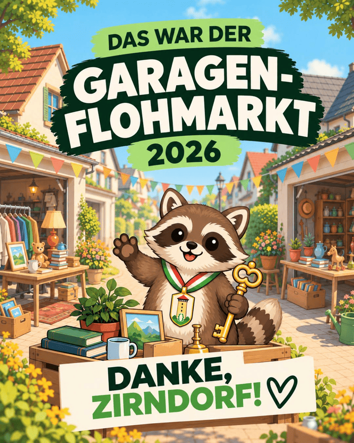Danke, Zirndorf! Illustration eines Waschbären mit Schlüssel vor einer Straße mit offenen Garagen voller Trödel
