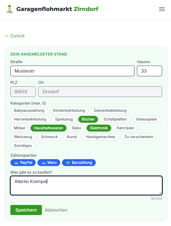 Anmeldeformular für einen Stand mit Straße, Hausnummer, PLZ, Ort, Kategorien, Zahlungsarten und Beschreibungsfeld