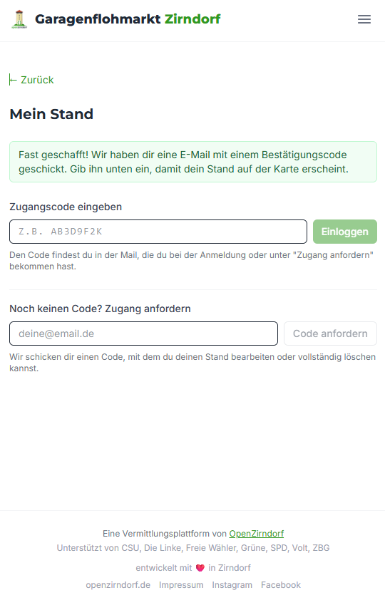Mein-Stand-Ansicht mit Eingabefeld für einen Zugangscode aus der Bestätigungsmail